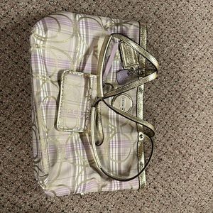 Coach gold & purple purse with matching card holder